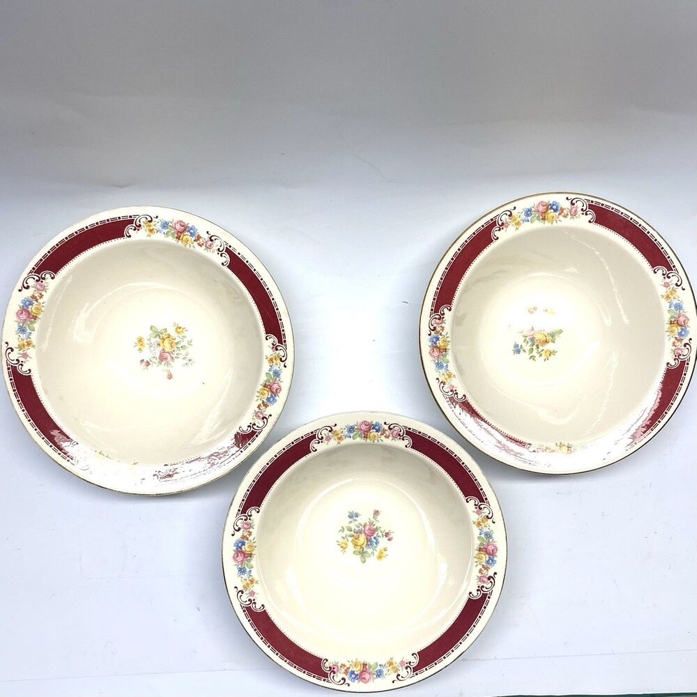 Homer Laughlin Majestic Lot of 3 Rimmed Soup Bowls 9" Brittany Burgundy
